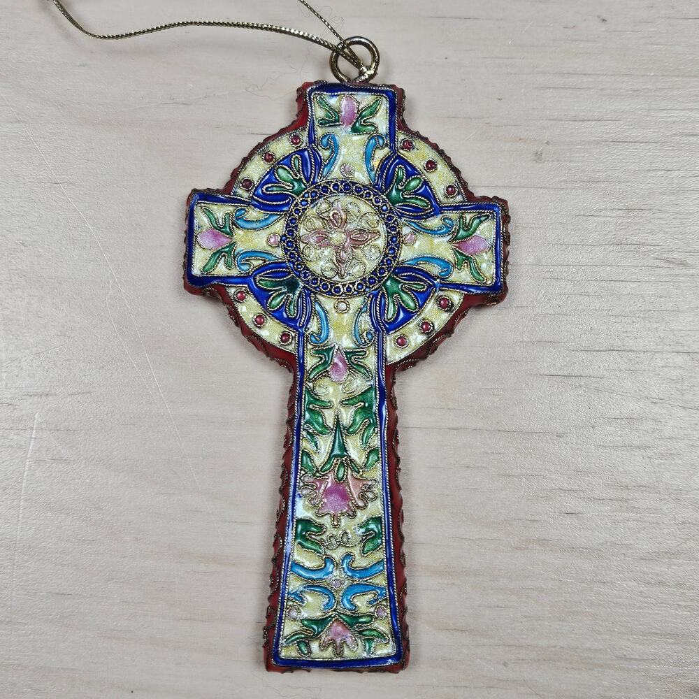 Celtic Cross Christmas or Window Ornament Enameled Clausena Front and Back